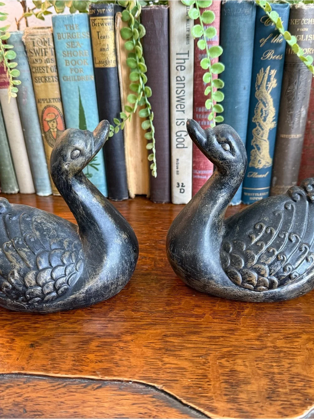Vintage MCM Swan Figurine Pair • Black Matte with Gold Accent